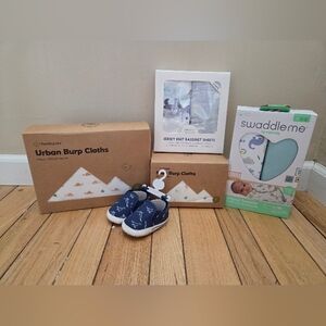 NEW Newborn Boy Bundle (Swaddles, Burp Cloths, Sheets, & Shoes)
